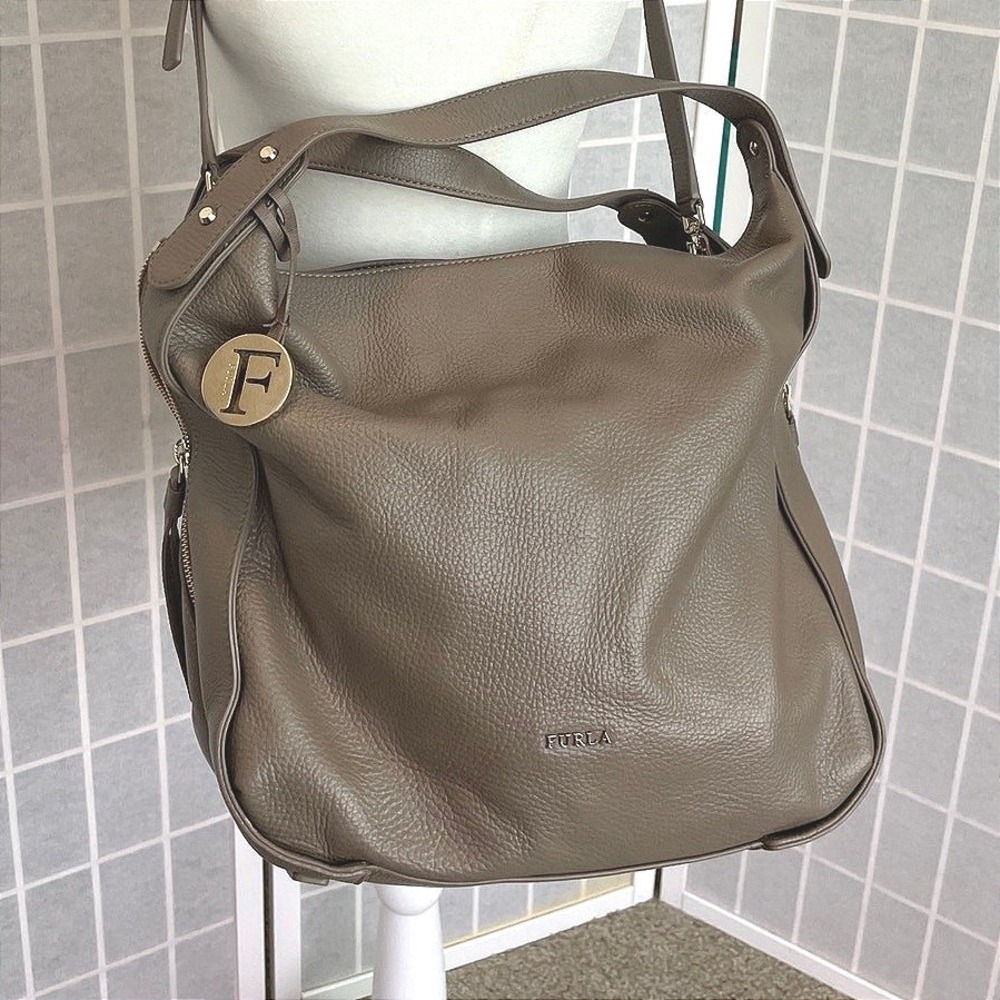 Furla Large Hobo Bag Taupe Greige Pebbled Leather Shoulder Bag Gold Medallion